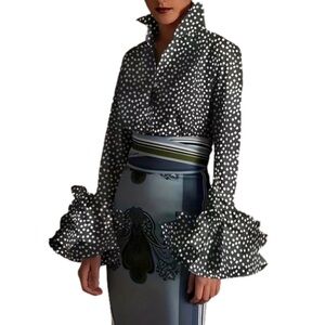 Elegant Layered Ruffle Sleeve Button Up Turn Down Collar Blouse